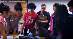 Students standing around a table. 