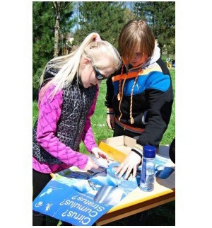 Students doing an investigation on clouds from a poster. 