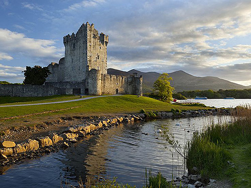 Killarney Castle overlooking water. 