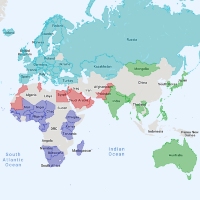 A map showing countries in Europe, Asia, Africa and Australia. Some countries are colored as purple, red, blue, light gray and green.