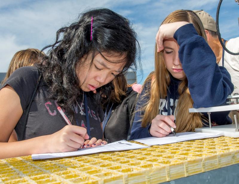 Young students working on a paper on yellow surface while outside. 