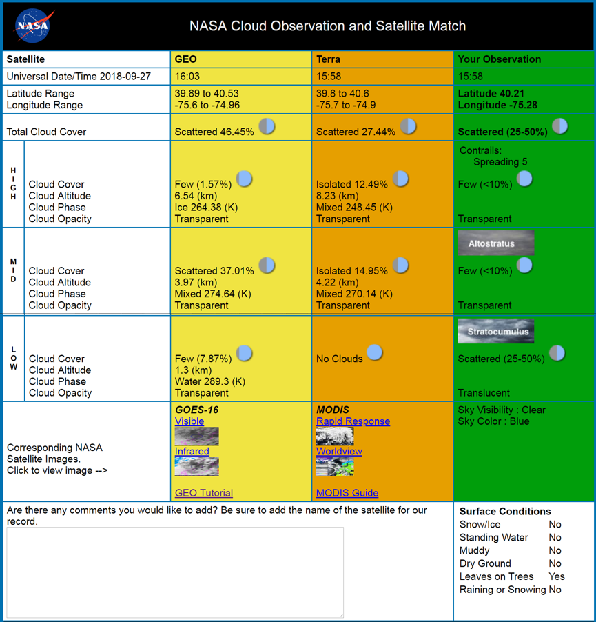 NASA Cloud Observation and Satellit Match Table example