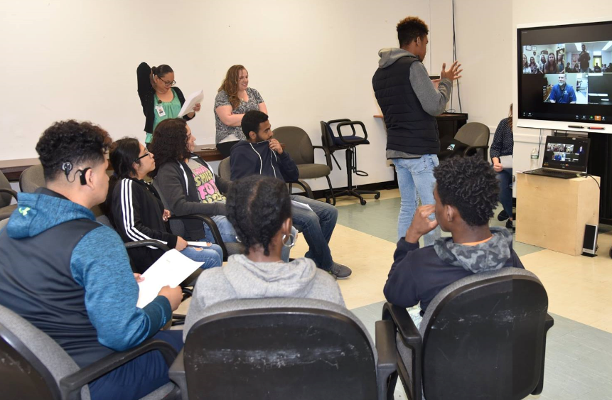 Lexington High School students participating in a video meeting with NASA scientists and engineers.