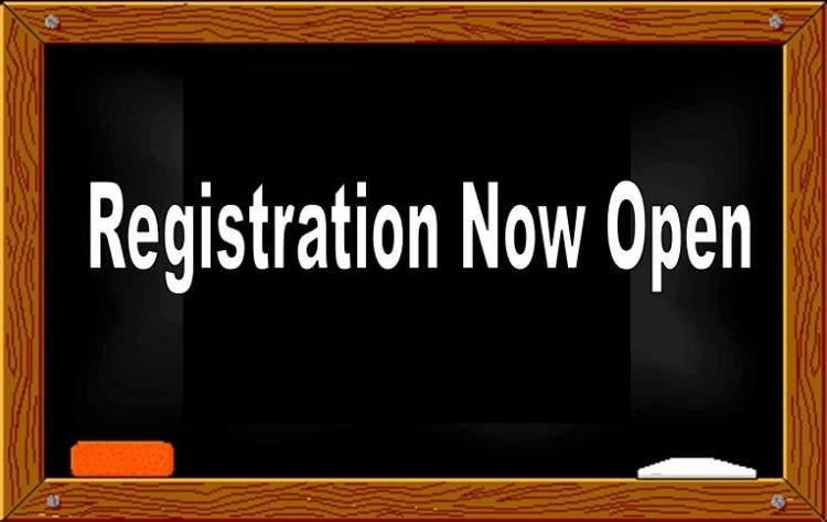 Graphic of a blackboard with the words "Registration Now Open"