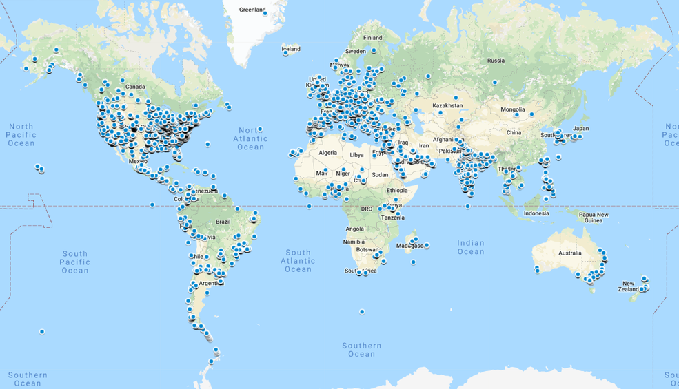 Map showing locations from which observations were submitted