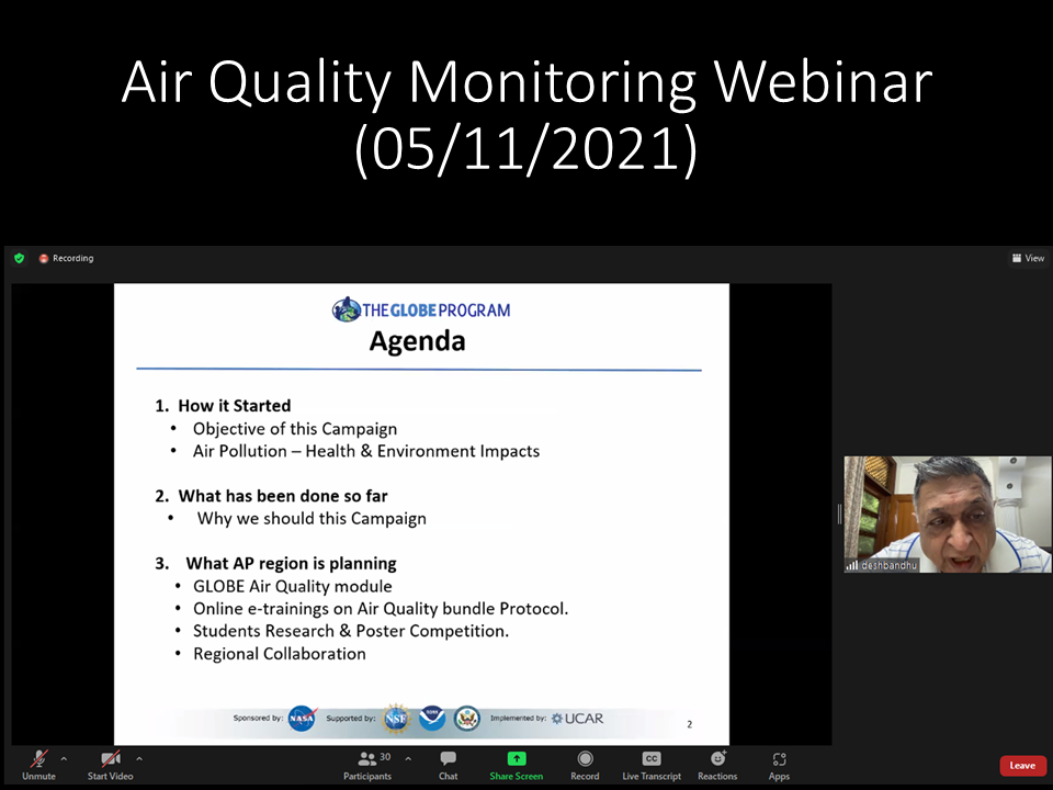 Slide from the 05 November 2021 Air Quality Webinar, showing the agenda and a photo of Dr. Desh Bandhu