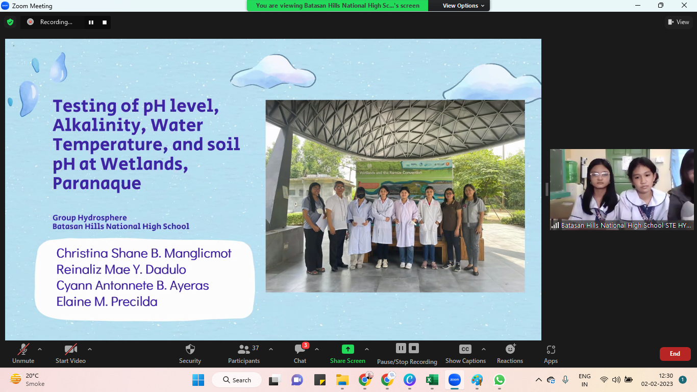 GLOBE students from Batasan Hills National High School, Manila, Philippines, present research on Testing of pH Level, alkalinity, water temperature and soil pH at wetland Paranaque on 02 February 2023 