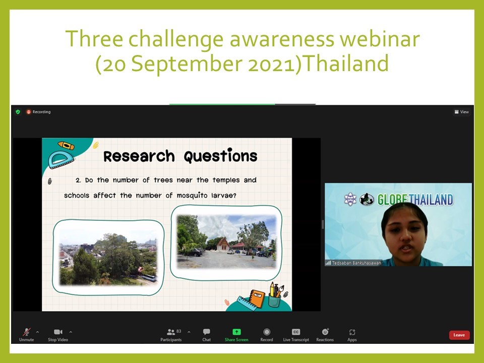 Slide from 20 September webinar, showing the research question "Do the number of trees near the temples and schools affect the number of mosquito larvae?"
