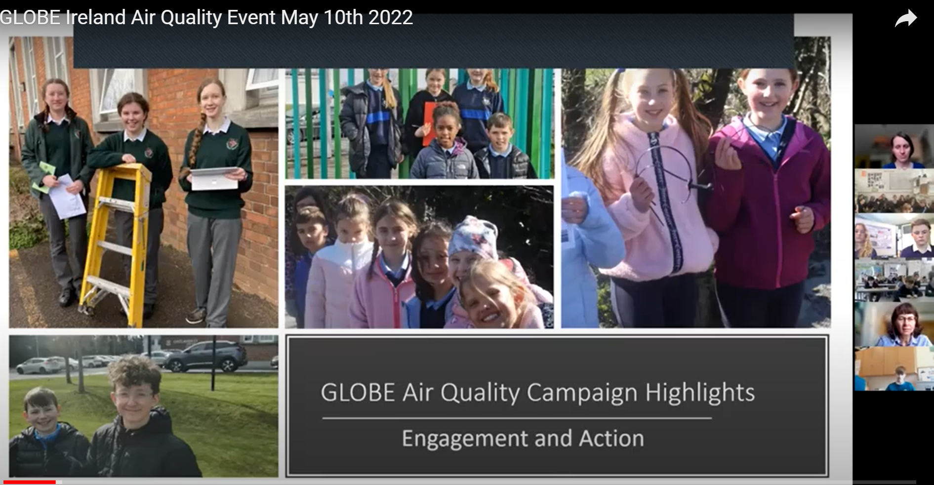 A screen shot of the Zoom meeting from the 10 May 2022 GLOBE Ireland Air Quality Campaign "End-of-Year" Event highlighting students participating in the campaign