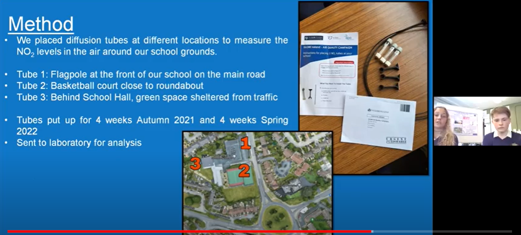 A screen shot of the Zoom meeting from the 10 May 2022 GLOBE Ireland Air Quality Campaign "End-of-Year" Event highlighting the Methods used in the campaign