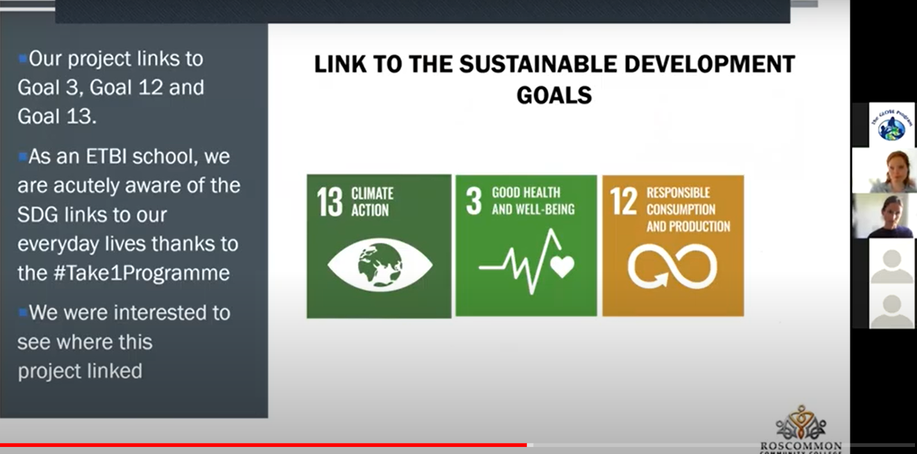 A screen shot of the Zoom meeting from the 10 May 2022 GLOBE Ireland Air Quality Campaign "End-of-Year" Event highlighting the campaigns connection to the UN's Sustainable Development Goals