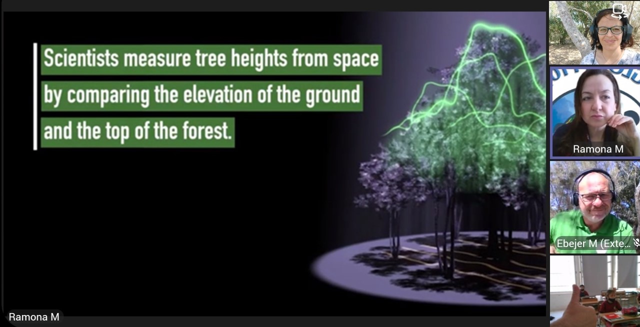 Slide from the virtual field work session that reads "Scientists measure tree height from space by comparing the elevation of the ground and the top of the forest."