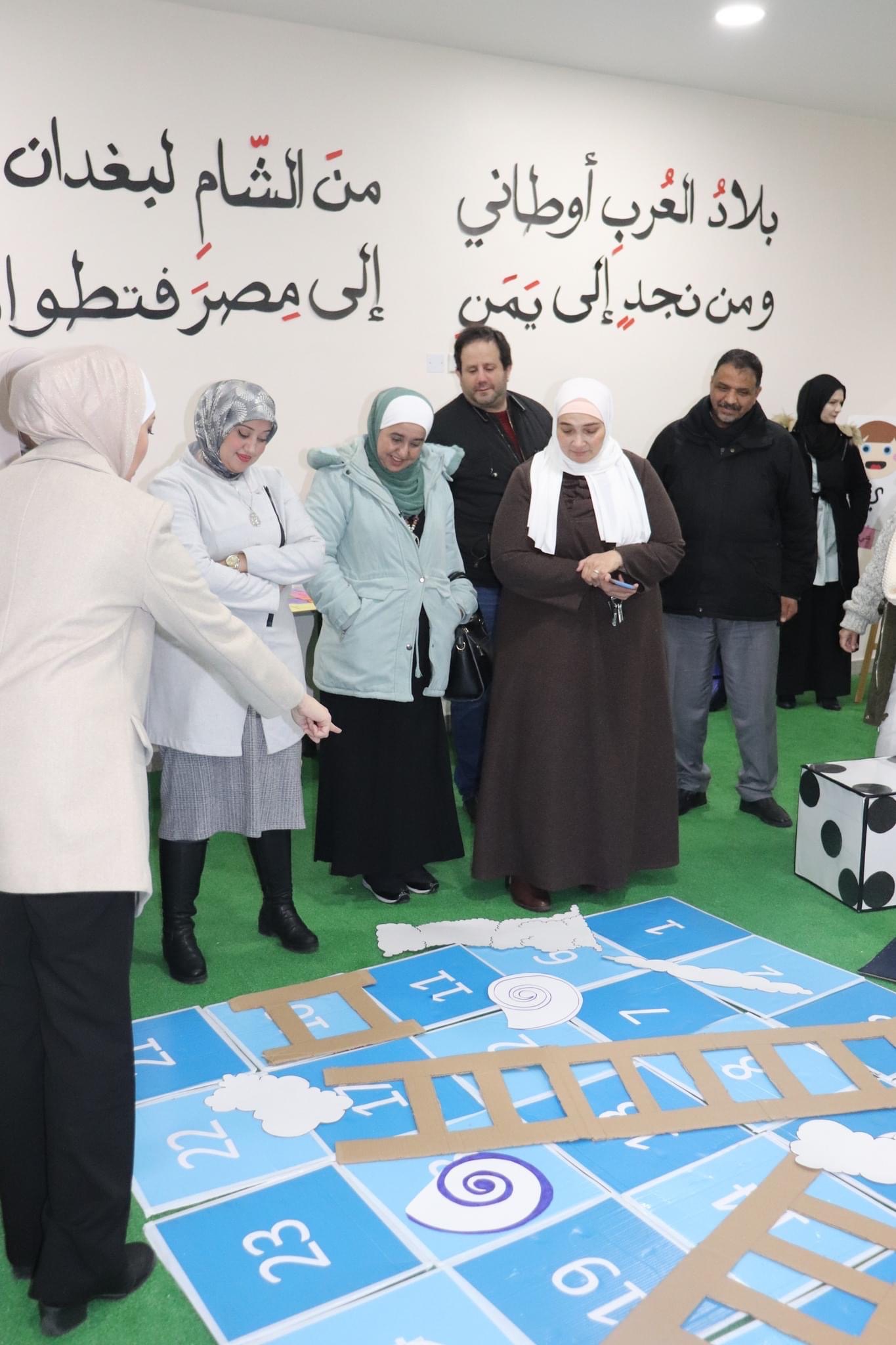 Ms. Reem explains the game for Coordinators from the Prime Ministry of Education,  Mrs. Hiba, Mrs. Mnal, Mrs. Esara , Mr. Fawzi , and Mr. Jaser