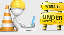 construction symbols such as an orange cone and hard hat with a non-descript figure on a laptop computer.