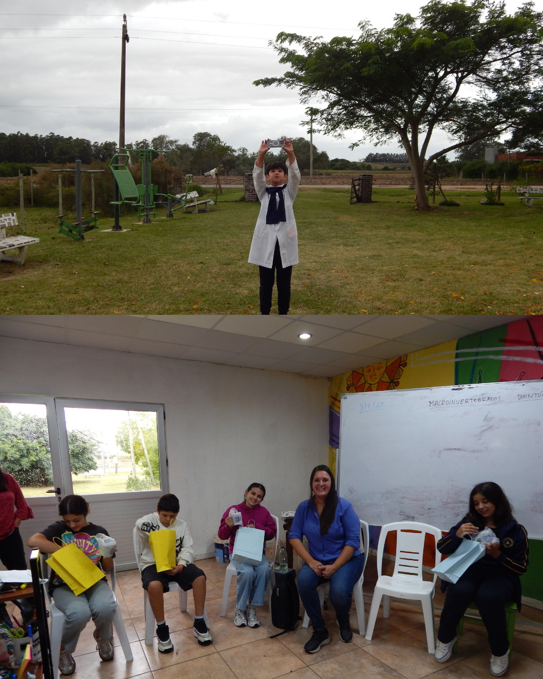 Students taking photos of clouds and participating in activities.