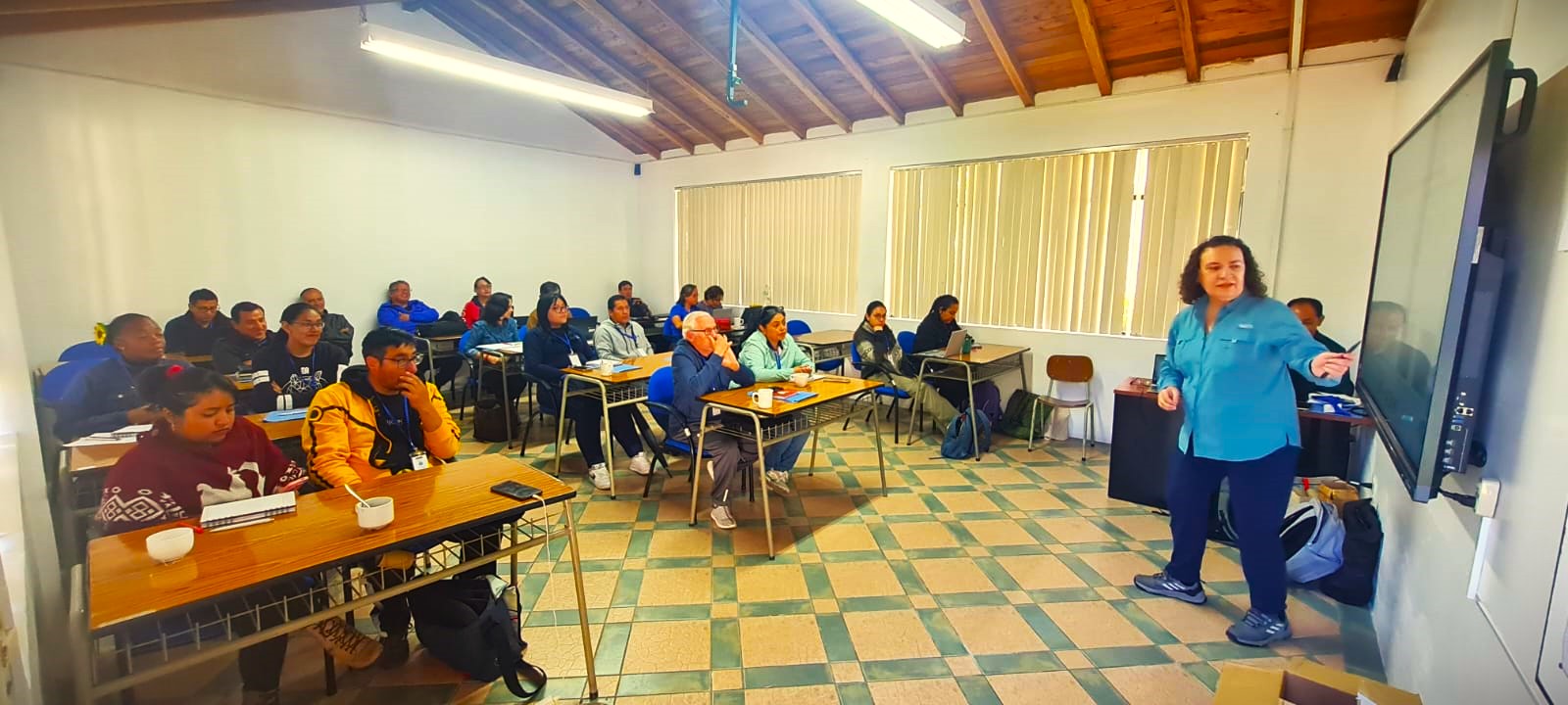 Person presenting to a room full of people.