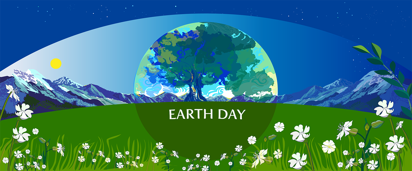 An imaginative view of a grassy field with white flowers springing up.  In the middle is an illustration of the Earth-like globe with a tree in the middle of it..