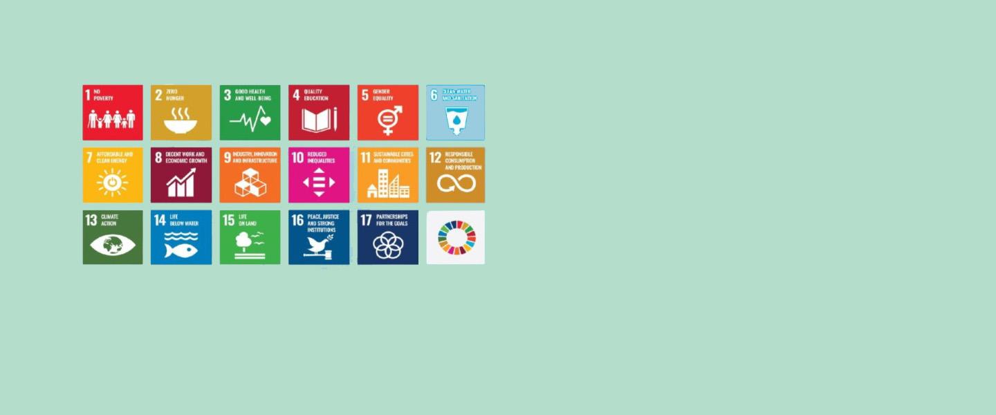 An illustration with boxes of different colors containing icons depicting nature and science.