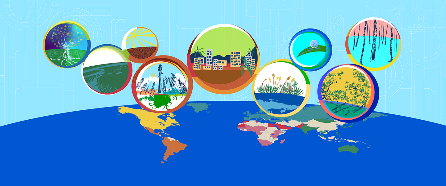 Circles with nature and science icons rise above a colorful map of the Earth.