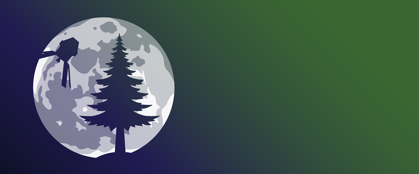 An illustrative moon is set with gradient background of black to green.  In front of the moon in silhouette is a tree and a satellite.