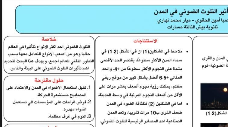 التلوث الضوئي احد اكثر الانواع نتأثيرا في العالم حاليا وهو من اصعب الانواع للتعامل معها بسبب التطور التقني للعالم اجمع. ويهدف هذا البحث لتحديد اهم تأثيرات التلوث الضوئي على البيئة والناس.