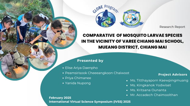 The title of the study, names of the researchers and advisors, and the students investigating the mosquito larvae