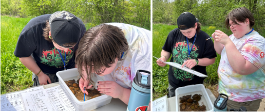 Students observing soil sample.
