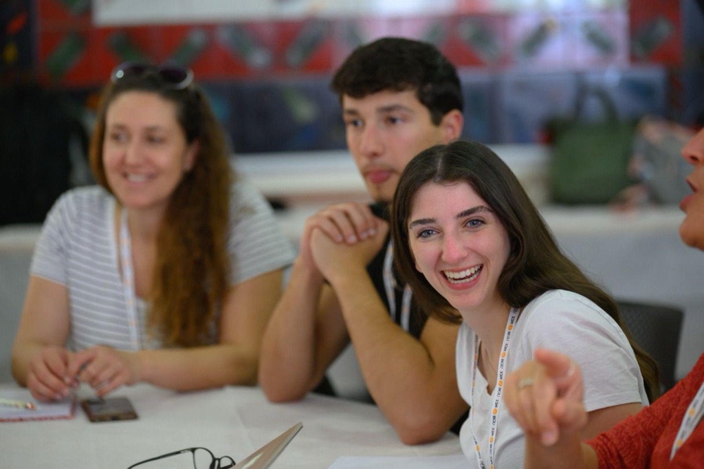 People smiling and talking.