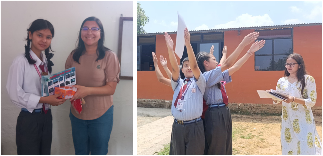 Two students holding protocol materials and a group of students outside identifying clouds.