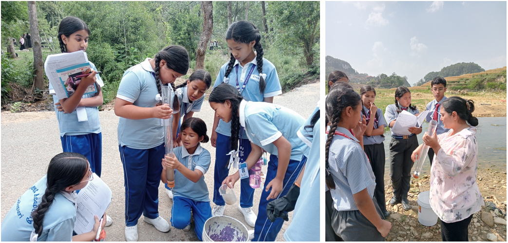Group of students outside learning how to use tools to test turbidity.