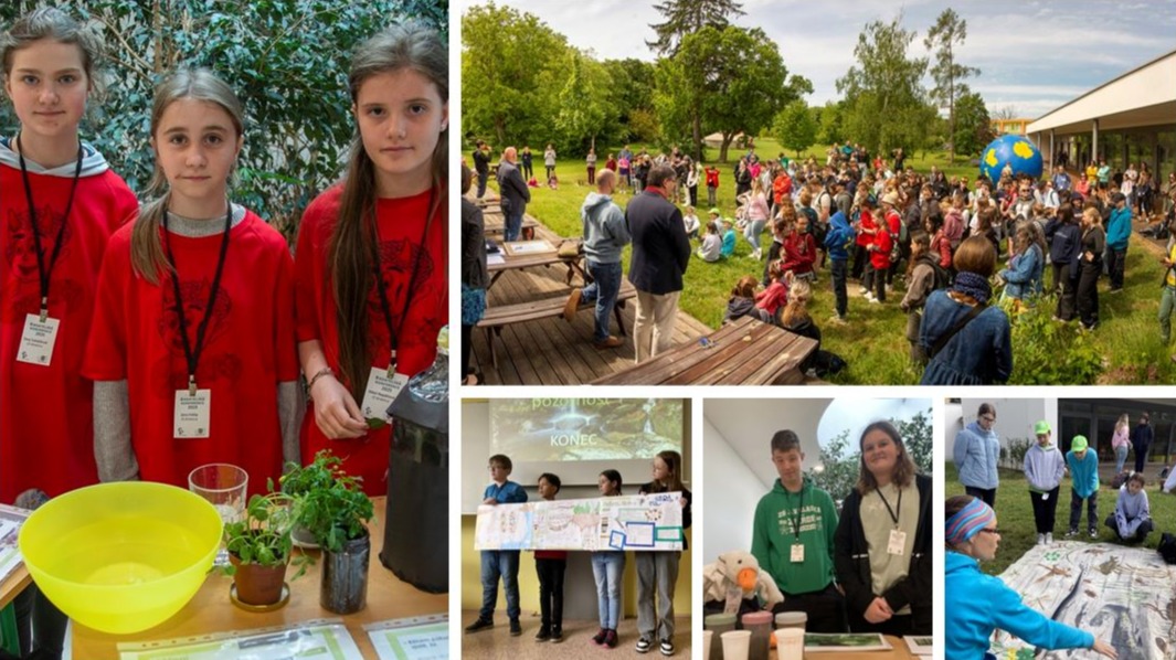Collage of students presenting, participating in workshops and the marketplace.
