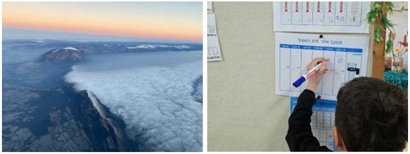 Aerial view of clouds. A child marking measurements on a paper.