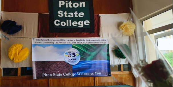 Posters of Piton State College and 30 years of GLOBE banner.