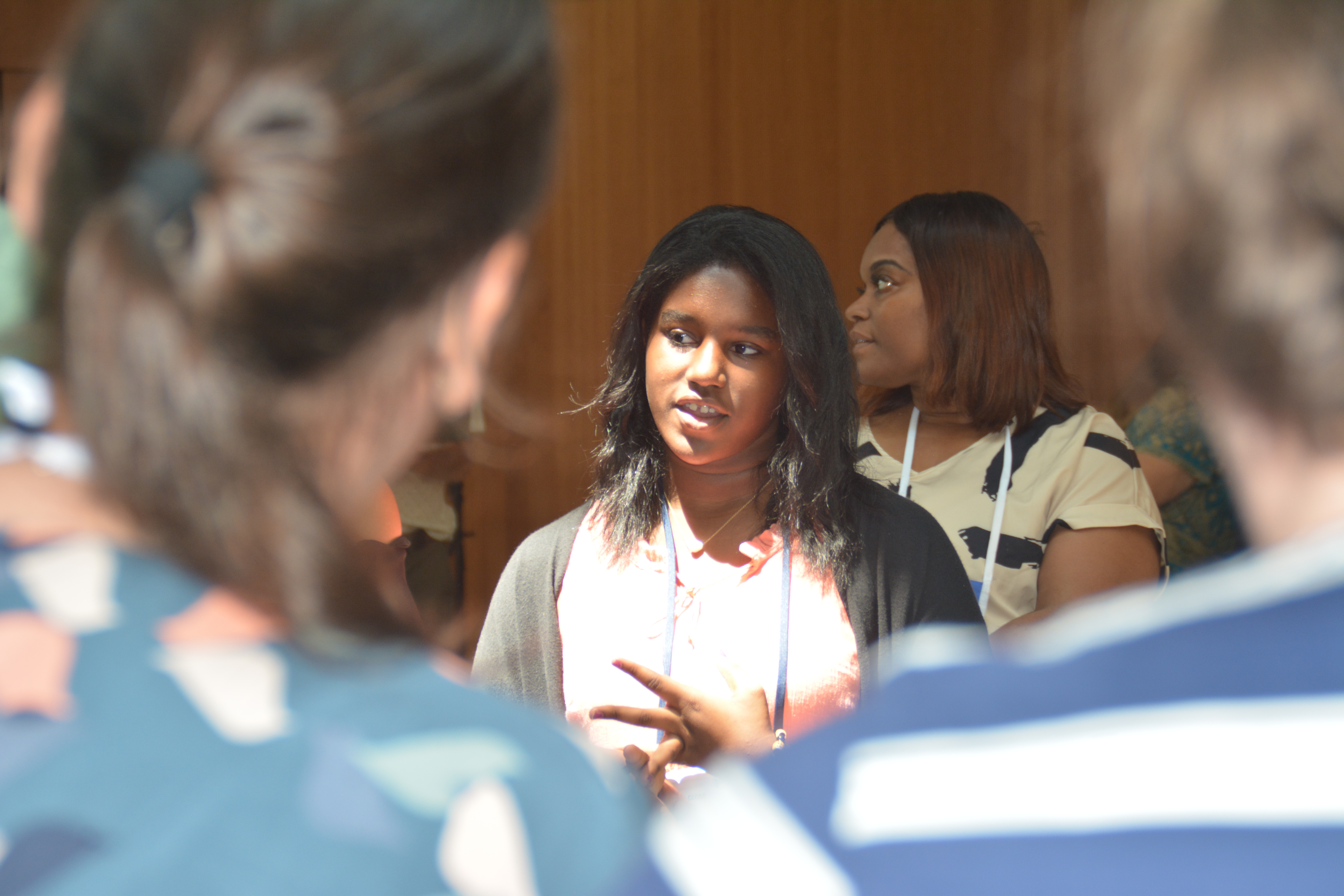 Student talking during share-a-thon.