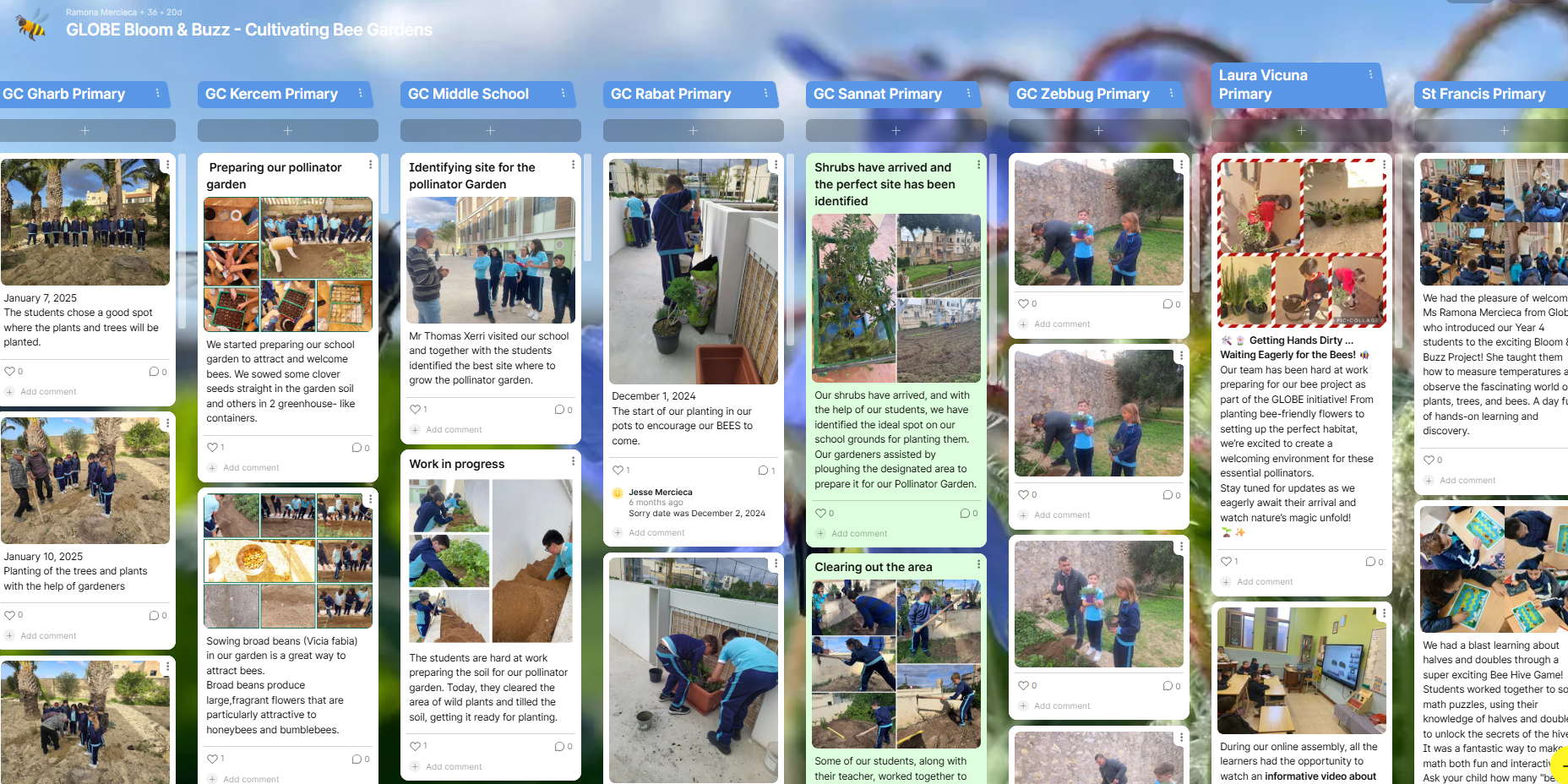 GLOBE Bloom and Buzz Padlet showing images and descriptions of activities.