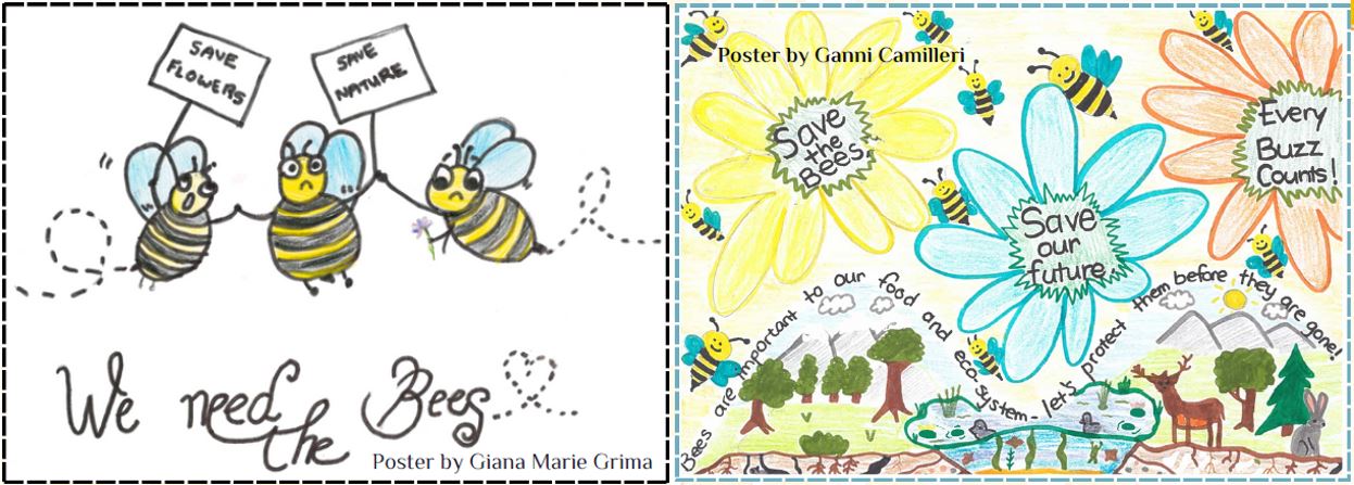 A drawing of a group of bees holding signs and a flowers with save out future in the center.