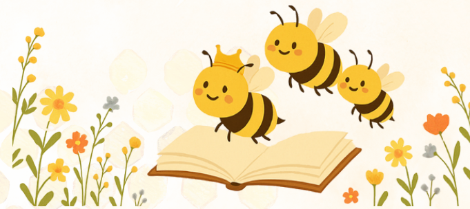 Three bees reading a book surrounded by flowers.