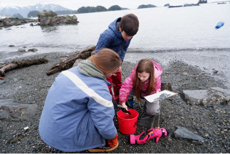 Children taking measurements at the beach.
