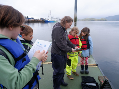 Students filling out data sheets on a dock.
