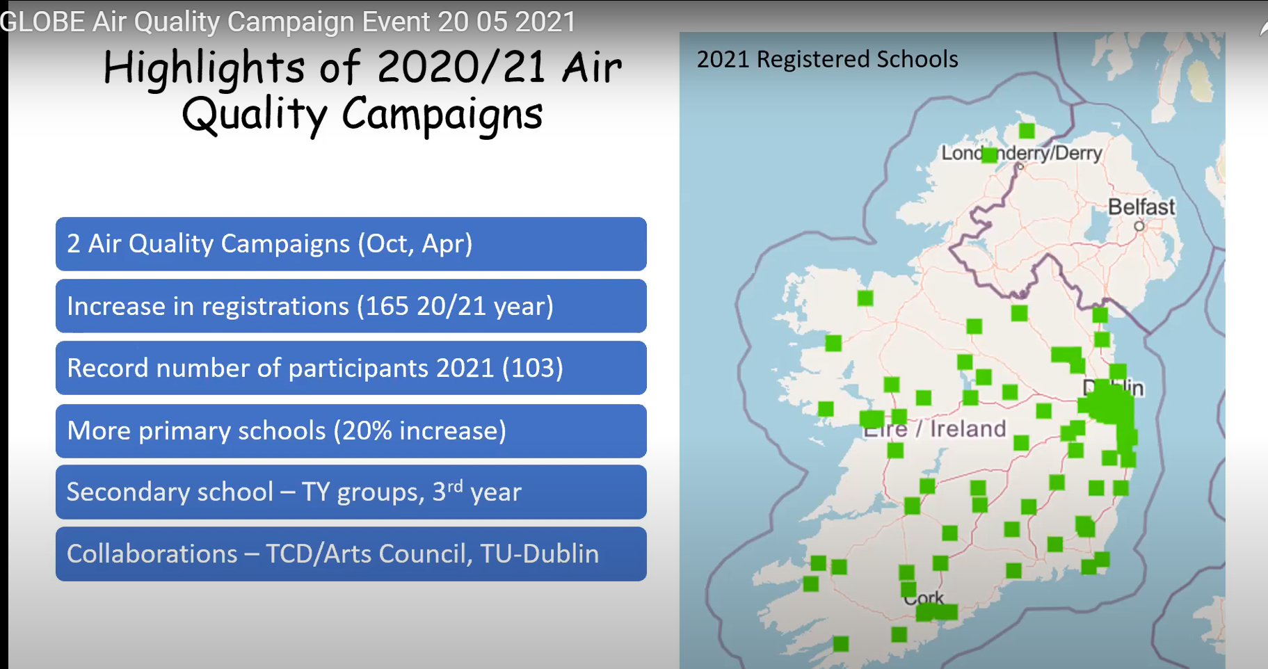 A screenshot from the online event, showing a map of Ireland and the participating schools