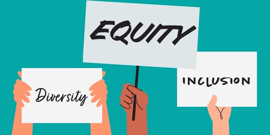 Graphic of three people, their hands, holding up three signs that read "Diversity" and "Equity" and "Inclusion"