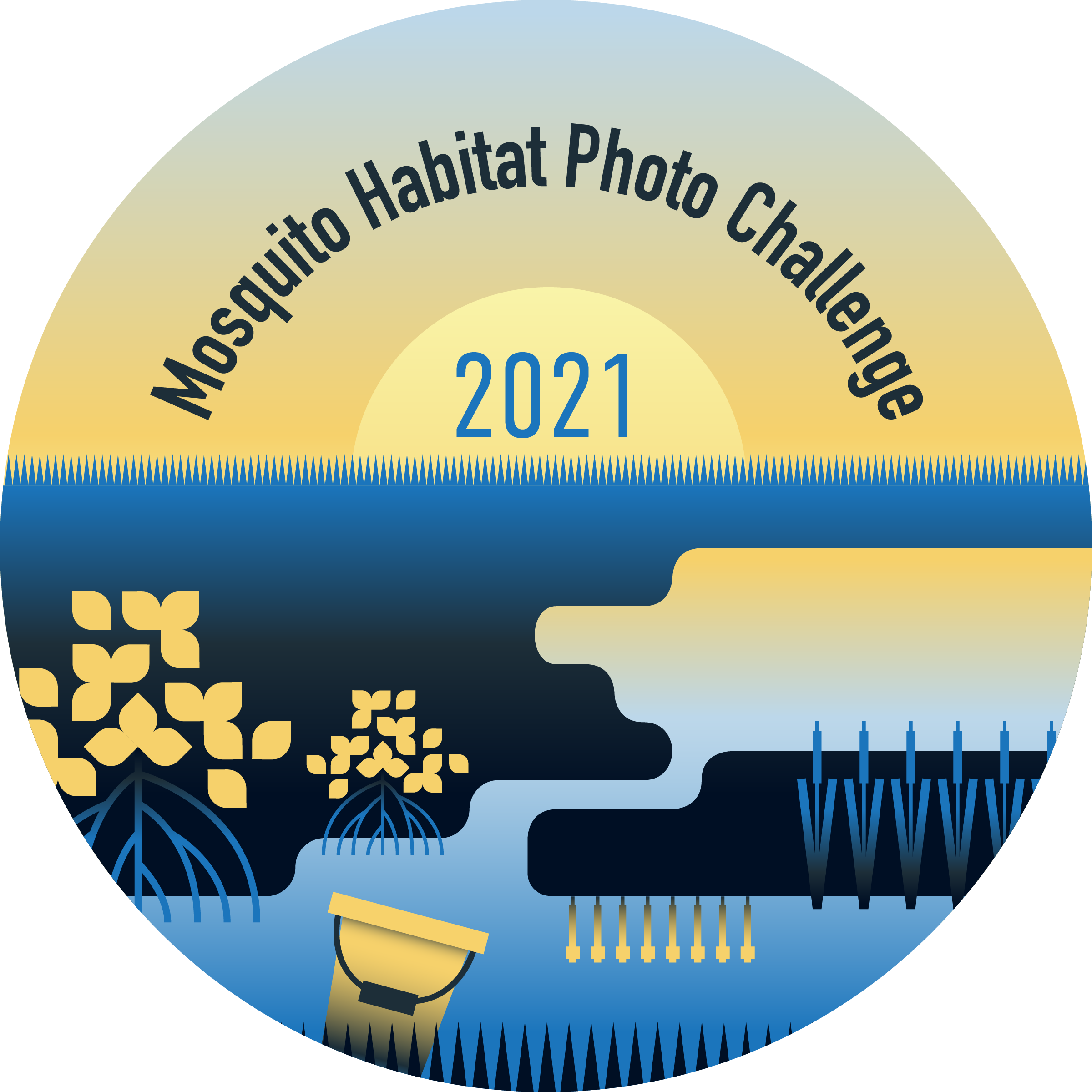 2021 Mosquito Habitat Photo Challenge shareable, showing a lake, grasses, plants, and the Sun