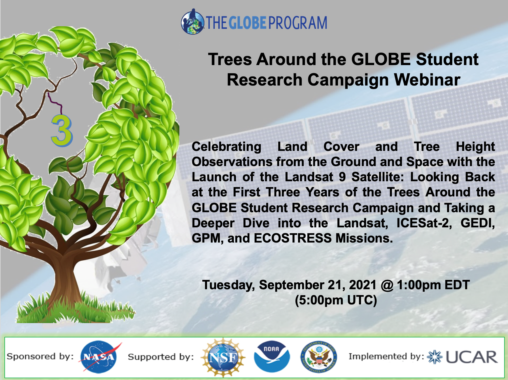 Trees Around the GLOBE 21 September Webinar sharable, showing a tree and reading "Trees Around the GLOBE Student Research Campaign Webianr"