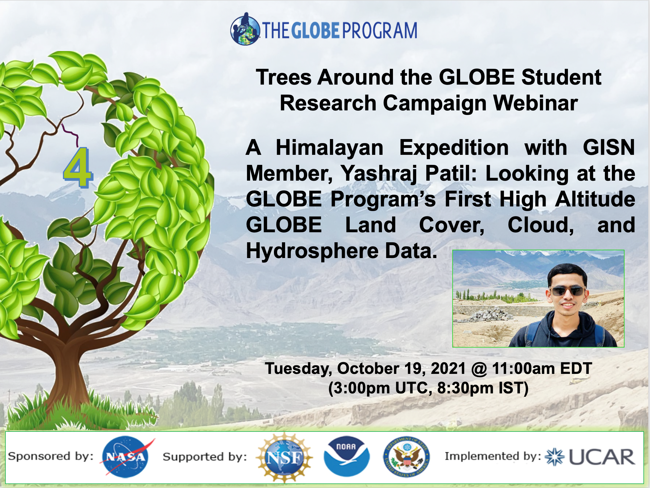 Trees Around the GLOBE 19 October webinar shareable with a photo of Yashraj Patil