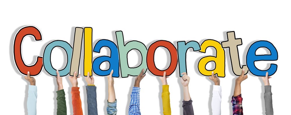 Graphic of a variety of hands holding up letters that together read "Collaborate"