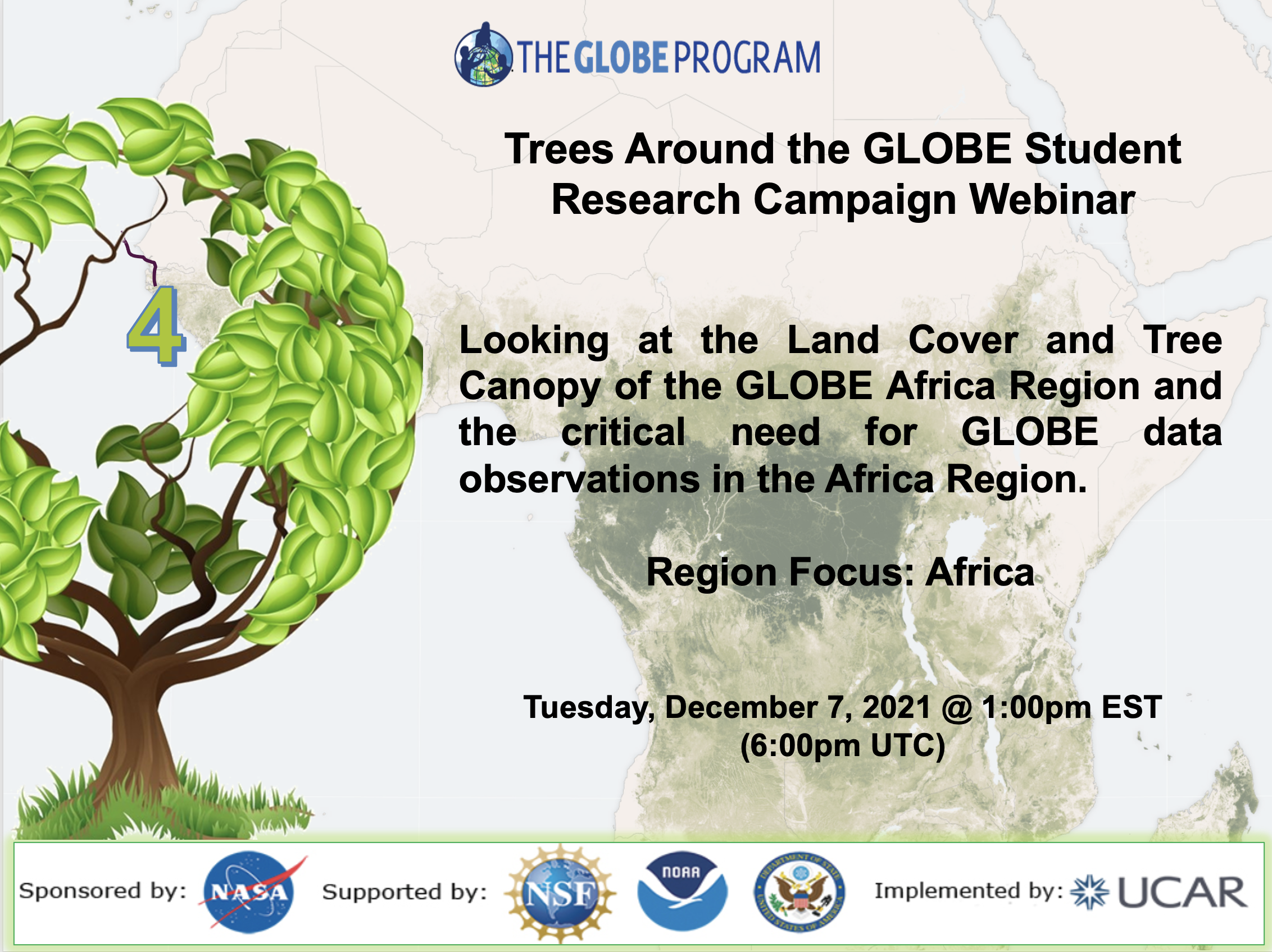 07 December Trees Around the GLOBE webinar shareable showing a tree and a map of Africa