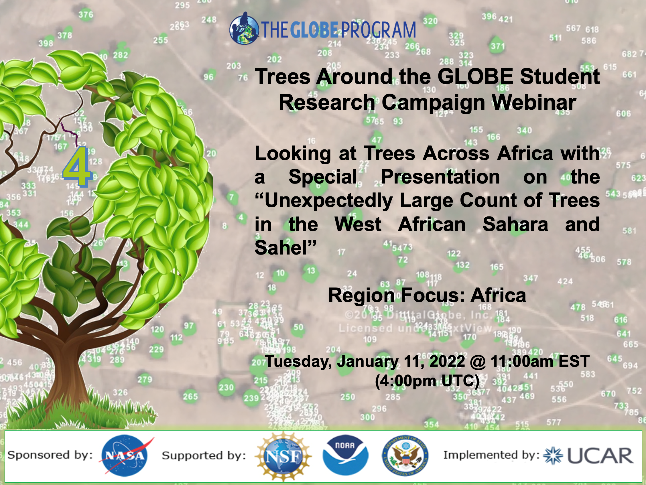 Trees Around the GLOBE 11 January 2022 webinar shareable, showing a tree and displaying the title, time, and date of the webinar