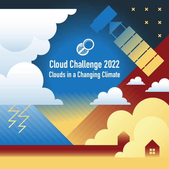 The GLOBE NASA Cloud Challenge 2022 sharable, showing clouds with lightning and a satellite in space