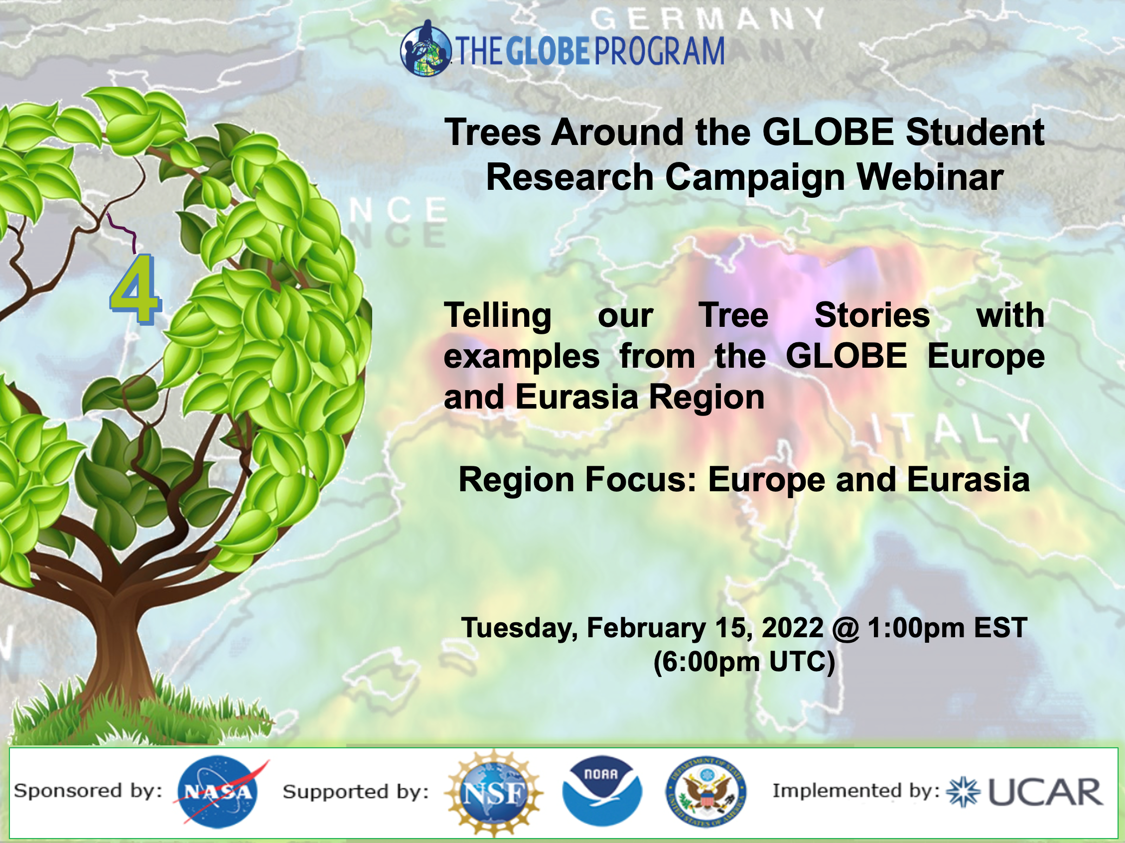 Trees Around the GLOBE 15 February webinar shareable, showing a tree and stating the time/date of the webinar