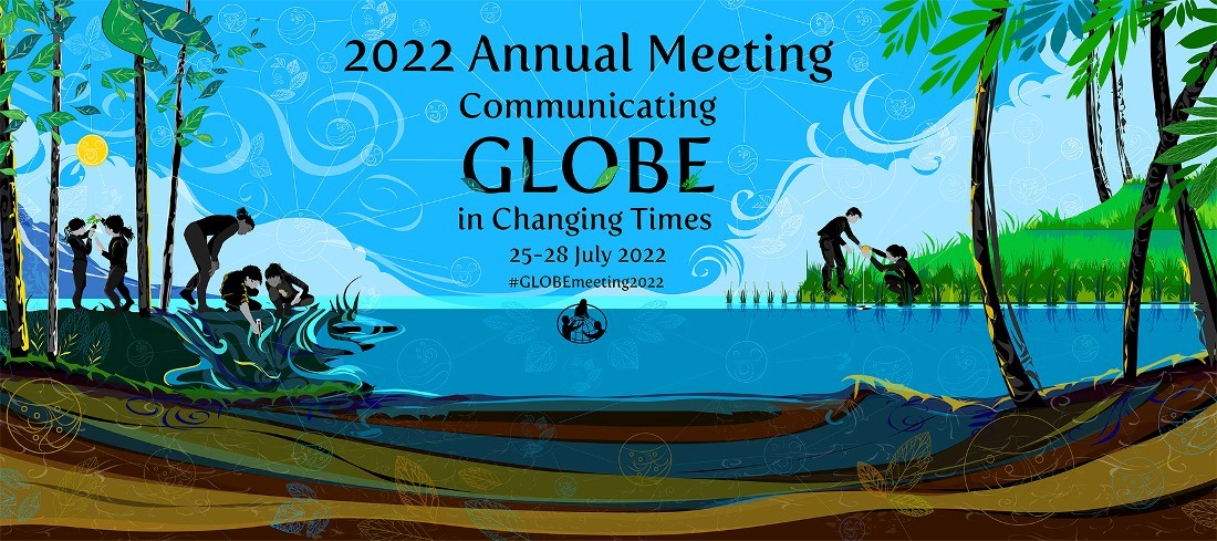 Banner for the 2022 Annual Meeting; showing a variety of community members conducting research at a lake